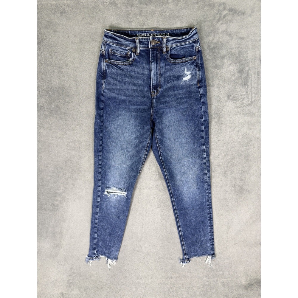 American‎ Eagle Jeans Womens 2 Blue Distressed Dark Wash Denim Highest Rise Mom